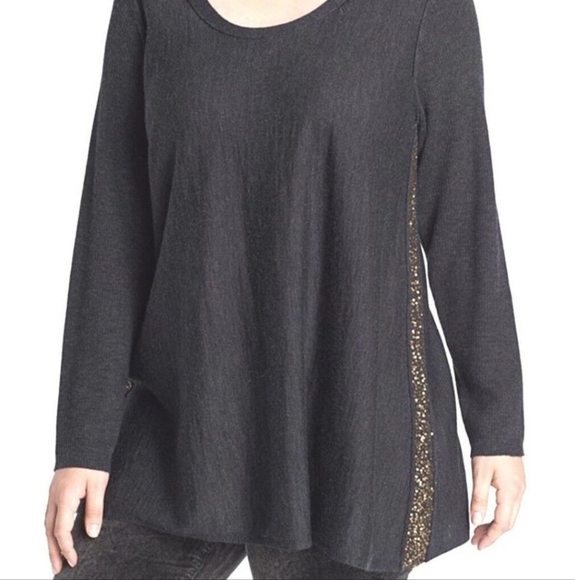 $358 EILEEN FISHER Italian Fine Merino Jersey w/Sequins CHARCOAL Top S - Picture 1 of 7